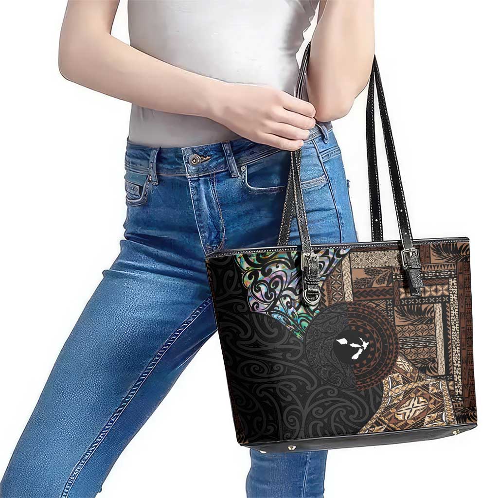 Samoa and New Zealand Together Leather Tote Bag Siapo Motif and Maori Paua Shell Pattern LT03 - Polynesian Pride