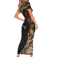 Samoa and New Zealand Together Short Sleeve Bodycon Dress Siapo Motif and Maori Paua Shell Pattern LT03 - Polynesian Pride