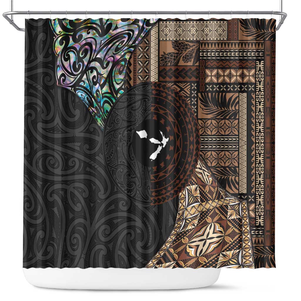 Samoa and New Zealand Together Shower Curtain Siapo Motif and Maori Paua Shell Pattern LT03 Black - Polynesian Pride