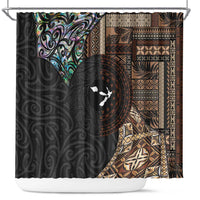Samoa and New Zealand Together Shower Curtain Siapo Motif and Maori Paua Shell Pattern LT03 Black - Polynesian Pride