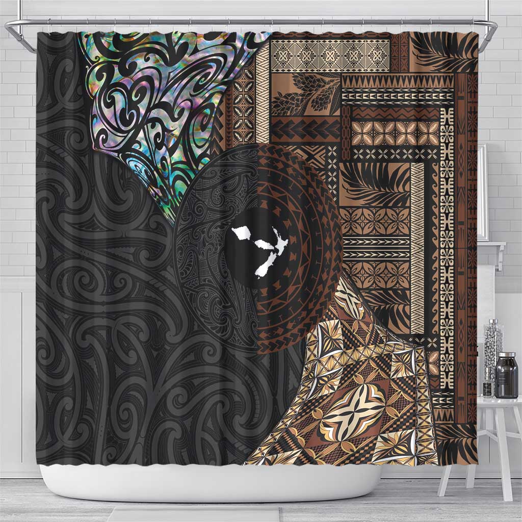 Samoa and New Zealand Together Shower Curtain Siapo Motif and Maori Paua Shell Pattern LT03 - Polynesian Pride