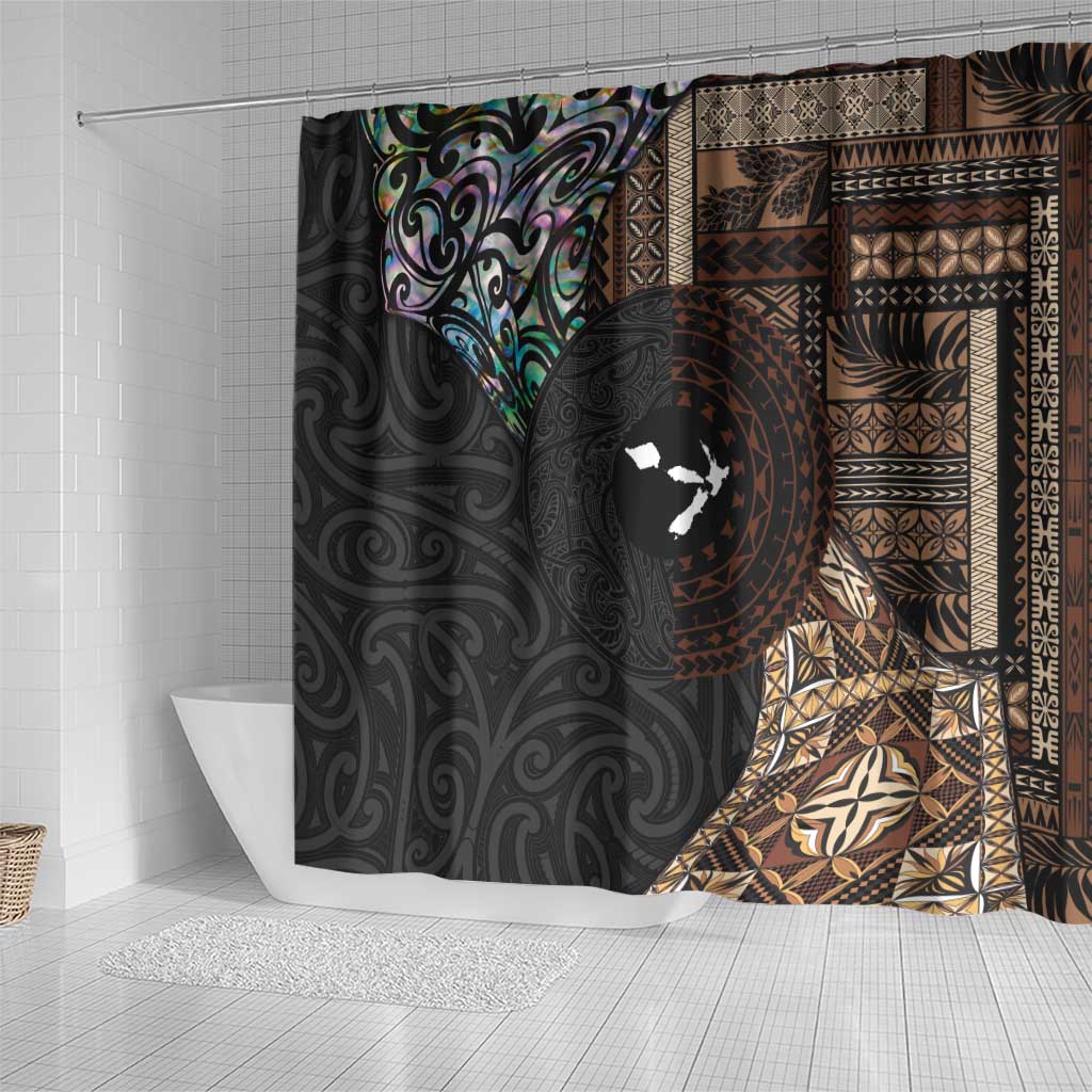 Samoa and New Zealand Together Shower Curtain Siapo Motif and Maori Paua Shell Pattern LT03 - Polynesian Pride