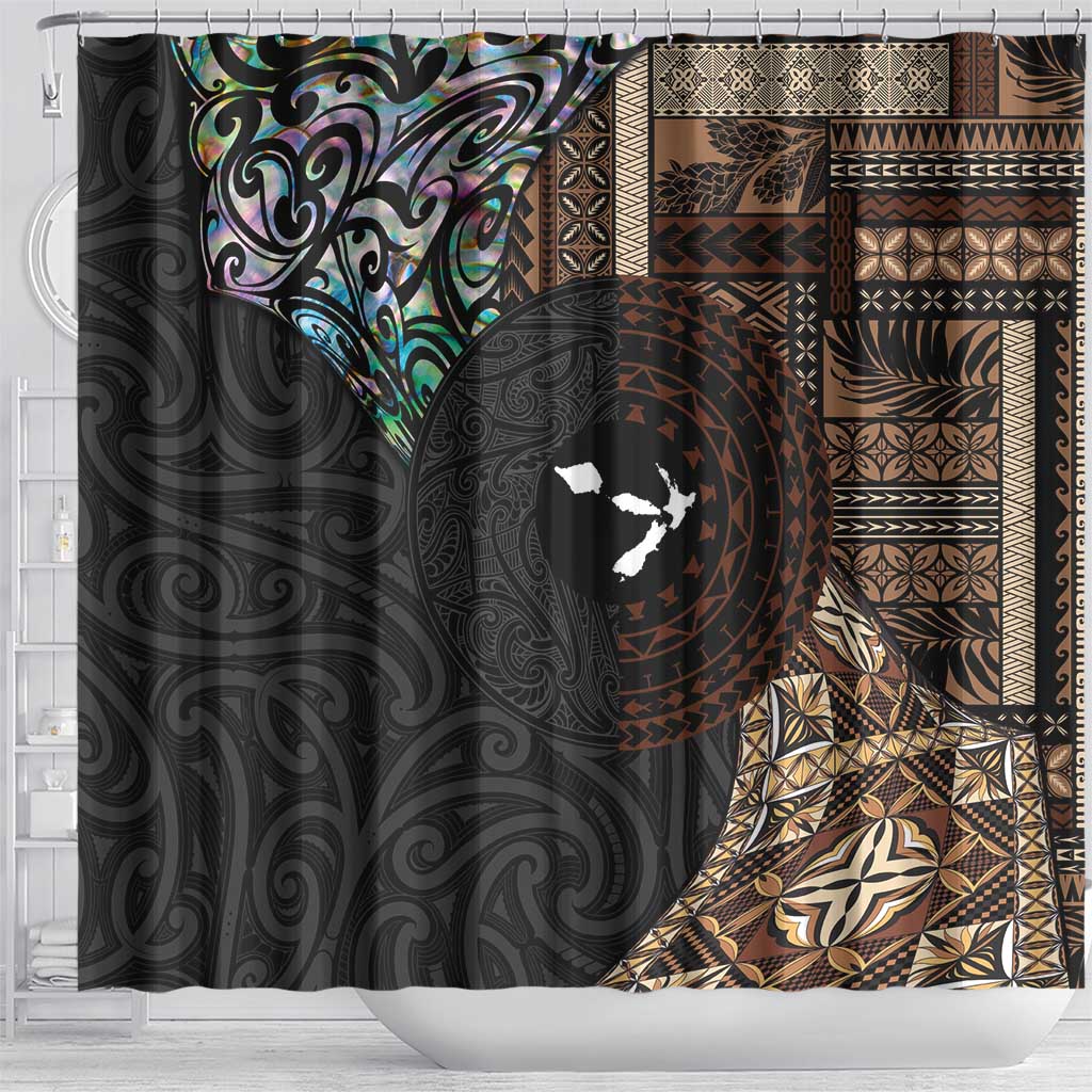 Samoa and New Zealand Together Shower Curtain Siapo Motif and Maori Paua Shell Pattern LT03 - Polynesian Pride