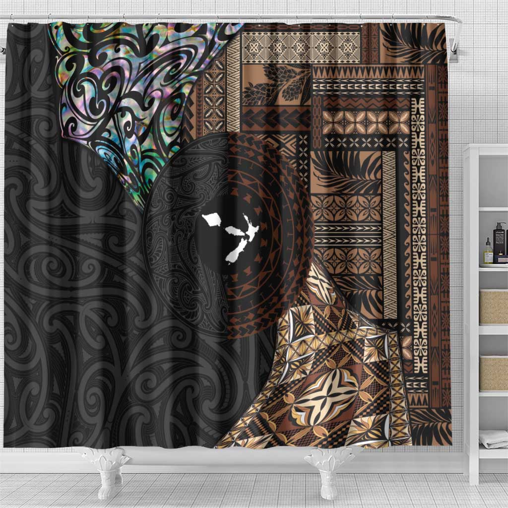 Samoa and New Zealand Together Shower Curtain Siapo Motif and Maori Paua Shell Pattern LT03 - Polynesian Pride