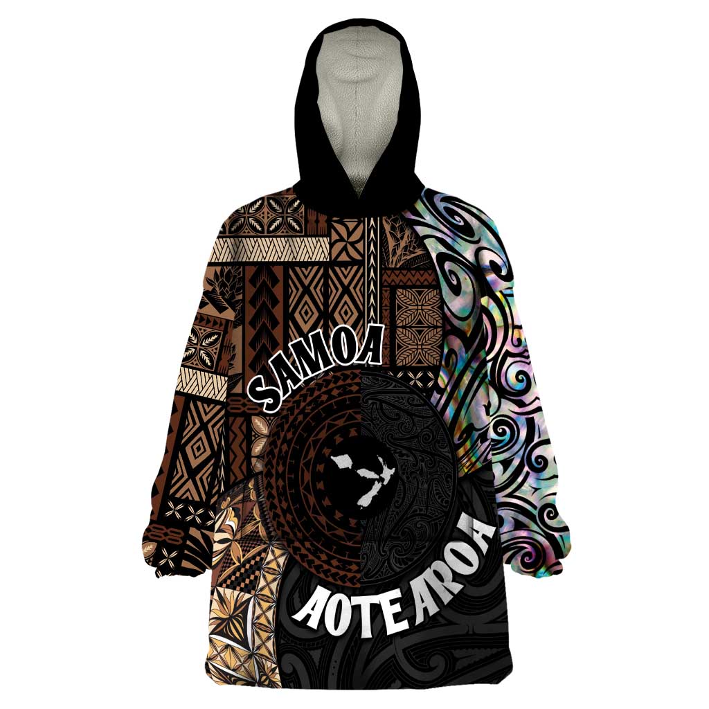 Samoa and New Zealand Together Wearable Blanket Hoodie Siapo Motif and Maori Paua Shell Pattern LT03 One Size Black - Polynesian Pride