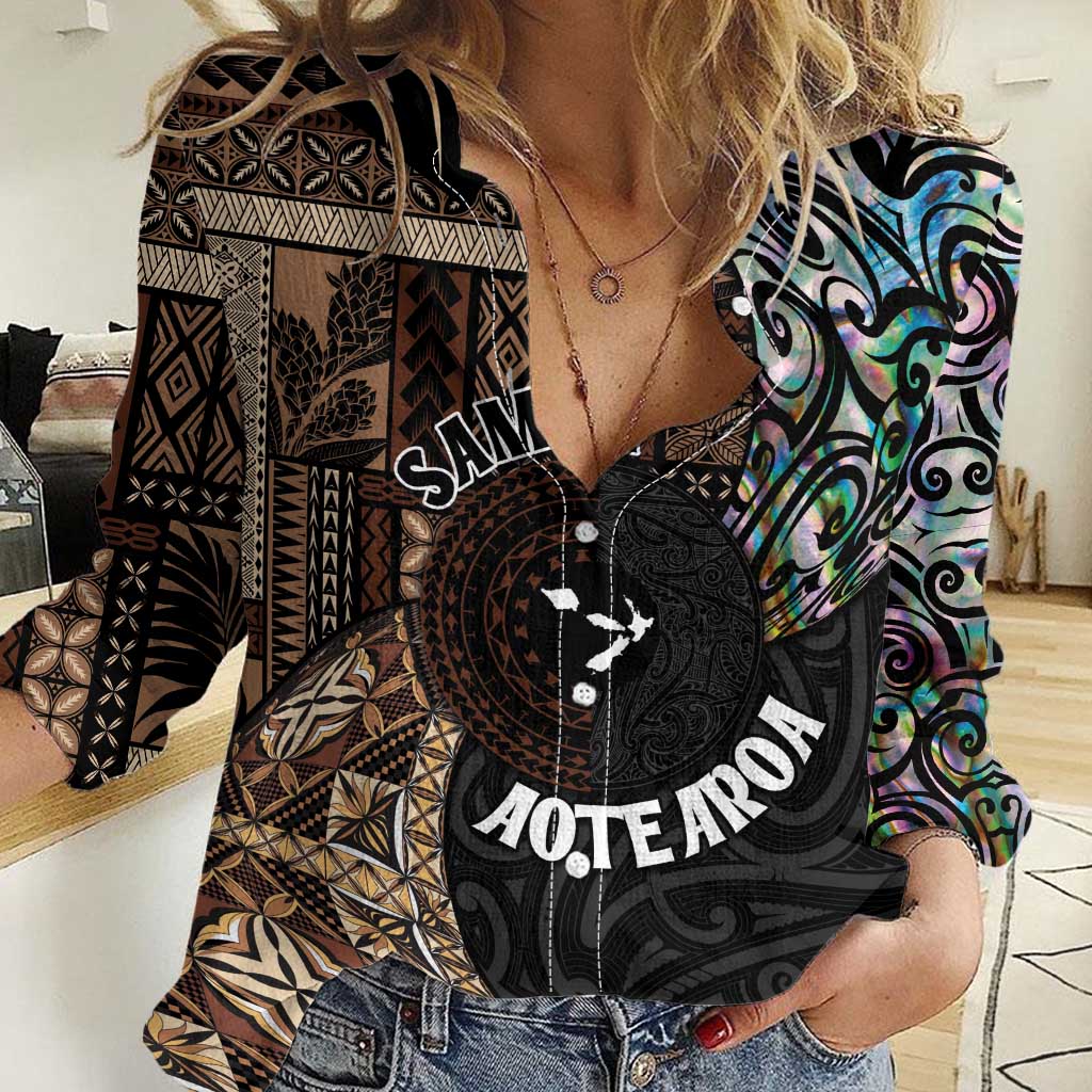 Samoa and New Zealand Together Women Casual Shirt Siapo Motif and Maori Paua Shell Pattern LT03 Female Black - Polynesian Pride