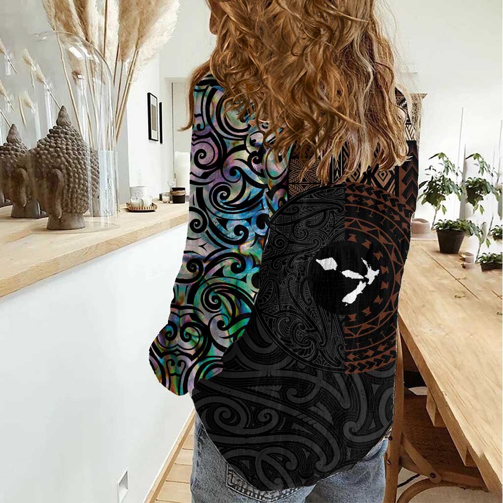 Samoa and New Zealand Together Women Casual Shirt Siapo Motif and Maori Paua Shell Pattern LT03 - Polynesian Pride
