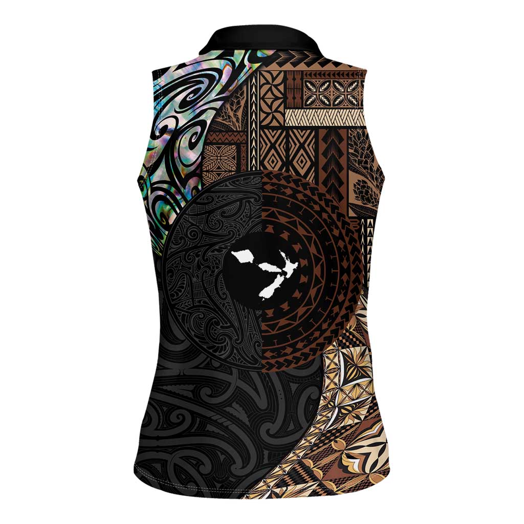 Samoa and New Zealand Together Women Sleeveless Polo Shirt Siapo Motif and Maori Paua Shell Pattern LT03 - Polynesian Pride