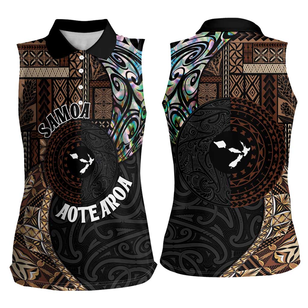 Samoa and New Zealand Together Women Sleeveless Polo Shirt Siapo Motif and Maori Paua Shell Pattern LT03 - Polynesian Pride