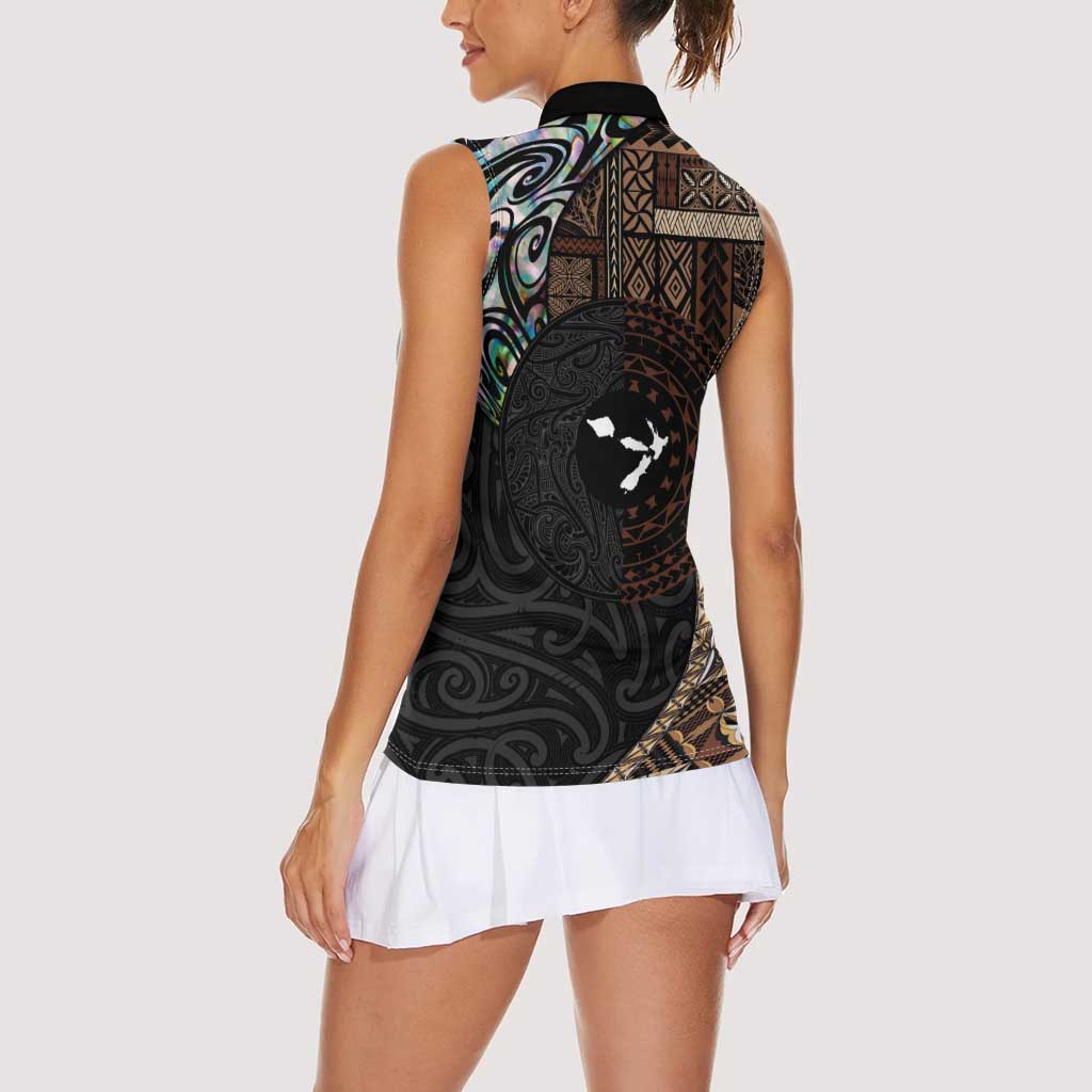 Samoa and New Zealand Together Women Sleeveless Polo Shirt Siapo Motif and Maori Paua Shell Pattern LT03 - Polynesian Pride