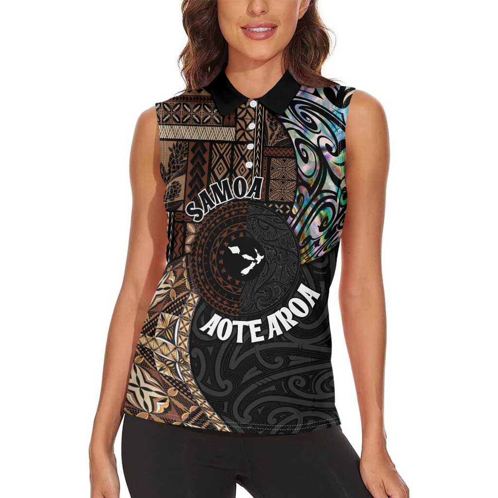 Samoa and New Zealand Together Women Sleeveless Polo Shirt Siapo Motif and Maori Paua Shell Pattern LT03 - Polynesian Pride