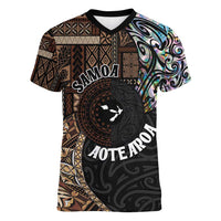 Samoa and New Zealand Together Women V-Neck T-Shirt Siapo Motif and Maori Paua Shell Pattern LT03 Female Black - Polynesian Pride