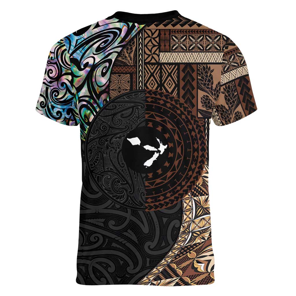 Samoa and New Zealand Together Women V-Neck T-Shirt Siapo Motif and Maori Paua Shell Pattern LT03 - Polynesian Pride