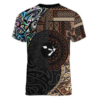 Samoa and New Zealand Together Women V-Neck T-Shirt Siapo Motif and Maori Paua Shell Pattern LT03 - Polynesian Pride