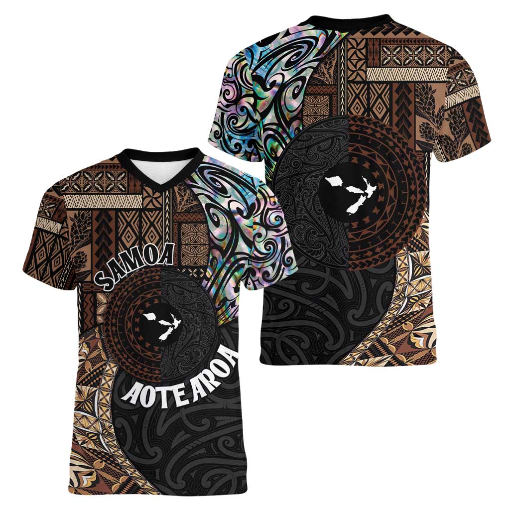 Samoa and New Zealand Together Women V-Neck T-Shirt Siapo Motif and Maori Paua Shell Pattern LT03 - Polynesian Pride