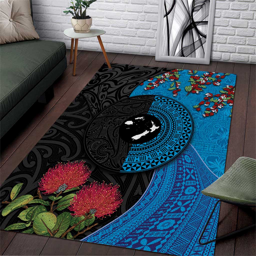 Fiji and New Zealand Together Area Rug Tapa Maori Tattoo mix Tagimoucia and Pohutukawa LT03 Black - Polynesian Pride