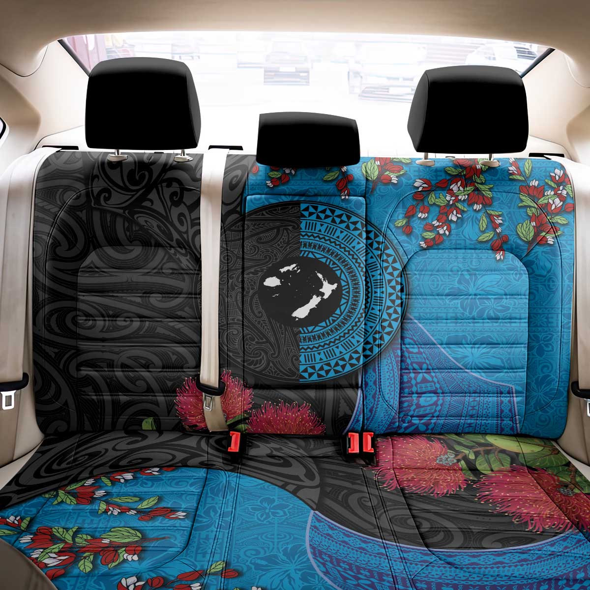 Fiji and New Zealand Together Back Car Seat Cover Tapa Maori Tattoo mix Tagimoucia and Pohutukawa LT03 - Polynesian Pride