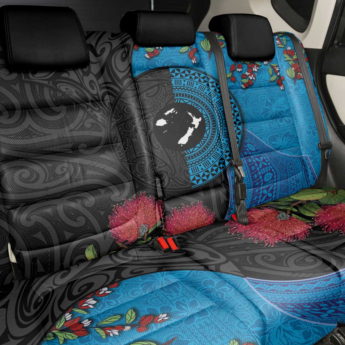Fiji and New Zealand Together Back Car Seat Cover Tapa Maori Tattoo mix Tagimoucia and Pohutukawa LT03 - Polynesian Pride
