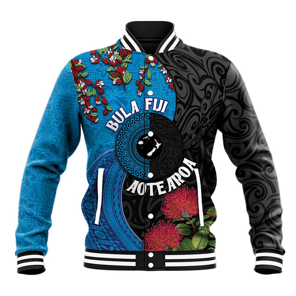 Fiji and New Zealand Together Baseball Jacket Tapa Maori Tattoo mix Tagimoucia and Pohutukawa LT03 Unisex Black - Polynesian Pride