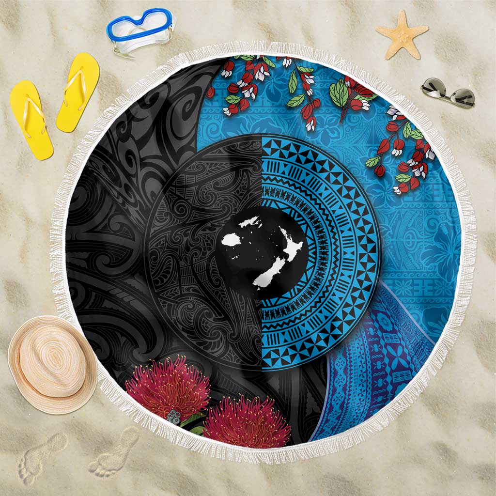 Fiji and New Zealand Together Beach Blanket Tapa Maori Tattoo mix Tagimoucia and Pohutukawa LT03 One Size 150cm Black - Polynesian Pride