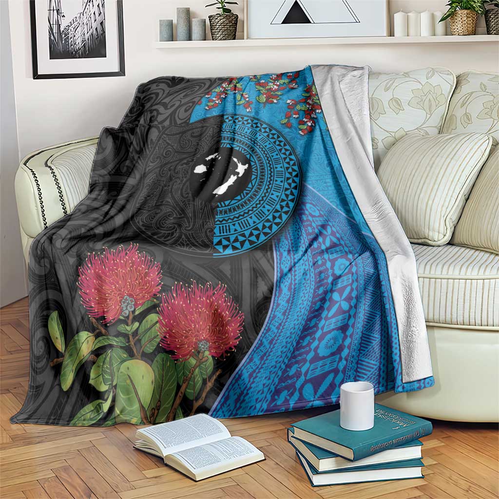 Fiji and New Zealand Together Blanket Tapa Maori Tattoo mix Tagimoucia and Pohutukawa LT03 Black - Polynesian Pride