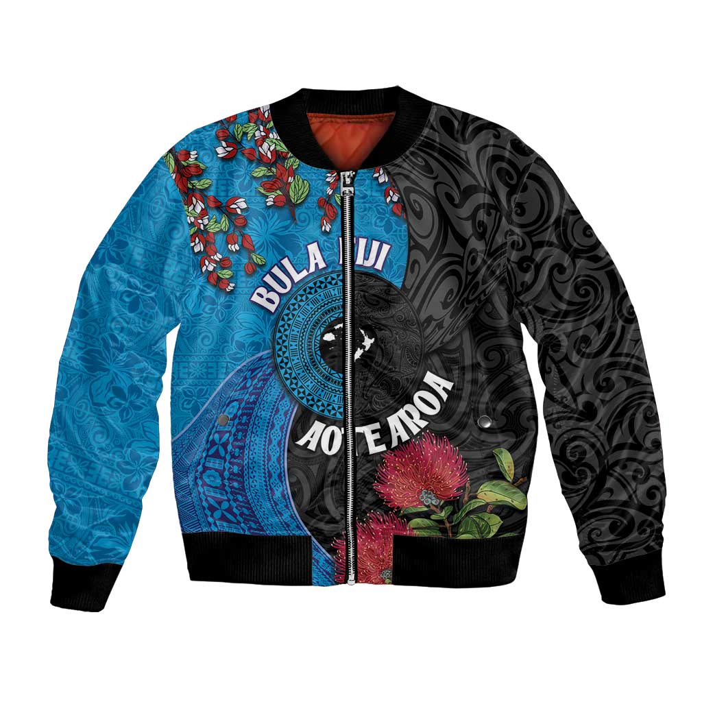 Fiji and New Zealand Together Bomber Jacket Tapa Maori Tattoo mix Tagimoucia and Pohutukawa LT03 Unisex Black - Polynesian Pride
