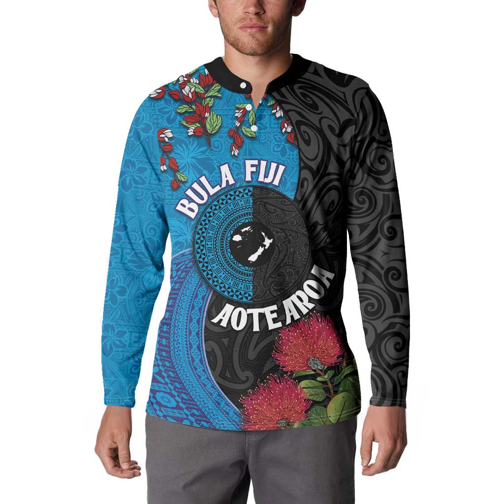Fiji and New Zealand Together Button Sweatshirt Tapa Maori Tattoo mix Tagimoucia and Pohutukawa LT03 - Polynesian Pride