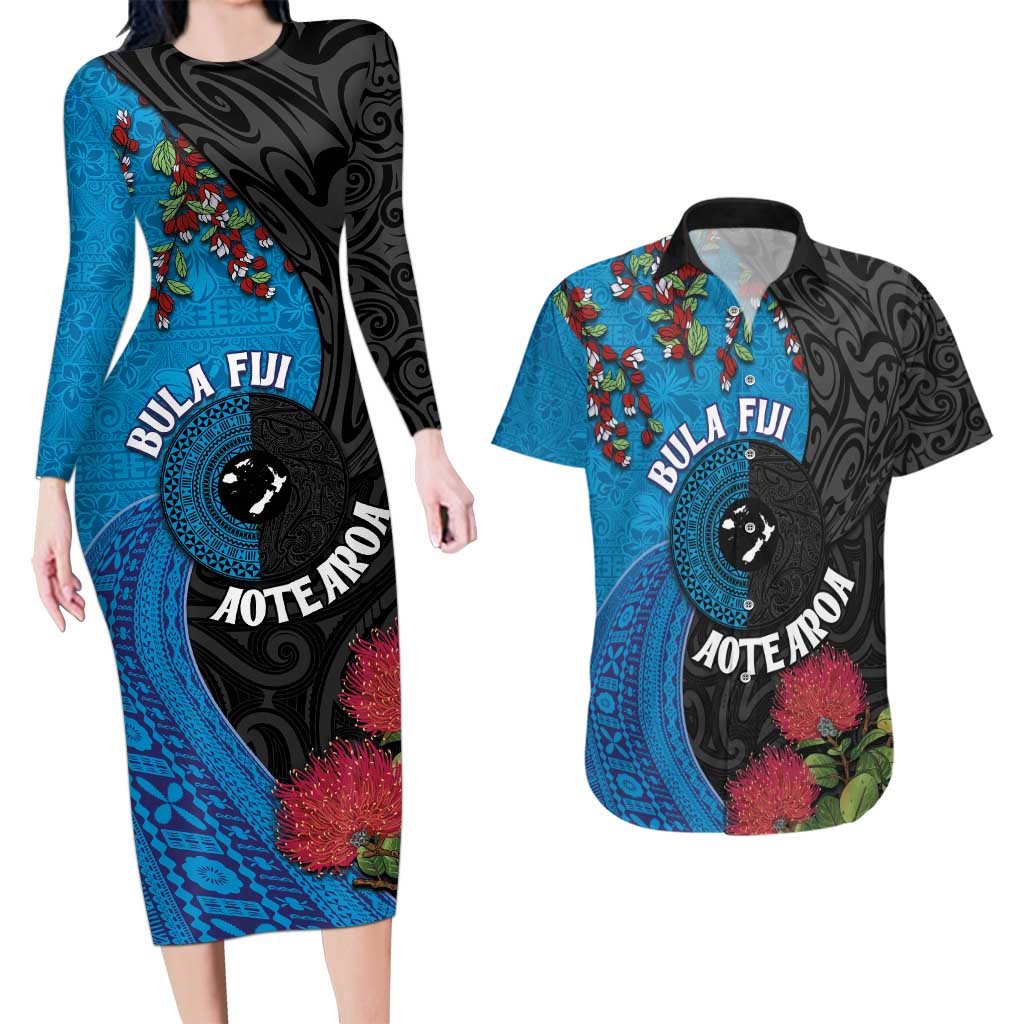 Fiji and New Zealand Together Couples Matching Long Sleeve Bodycon Dress and Hawaiian Shirt Tapa Maori Tattoo mix Tagimoucia and Pohutukawa LT03 Black - Polynesian Pride