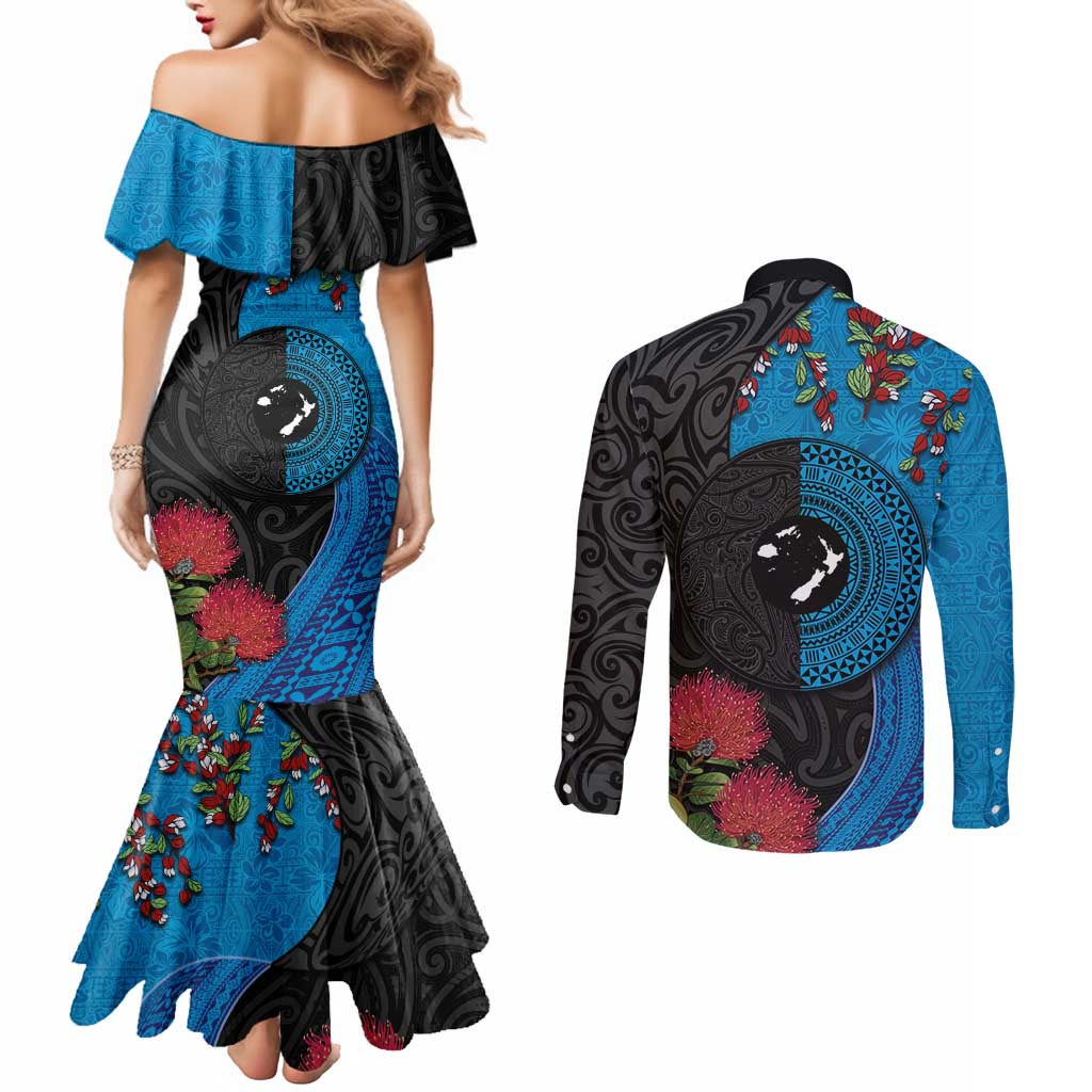 Fiji and New Zealand Together Couples Matching Mermaid Dress and Long Sleeve Button Shirt Tapa Maori Tattoo mix Tagimoucia and Pohutukawa LT03 - Polynesian Pride