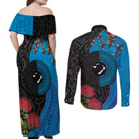 Fiji and New Zealand Together Couples Matching Off Shoulder Maxi Dress and Long Sleeve Button Shirt Tapa Maori Tattoo mix Tagimoucia and Pohutukawa LT03 - Polynesian Pride