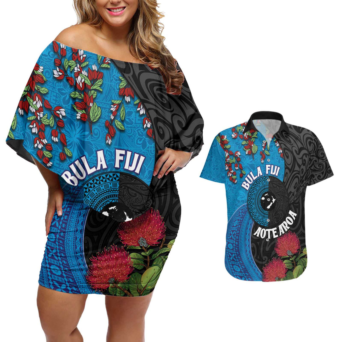 Fiji and New Zealand Together Couples Matching Off Shoulder Short Dress and Hawaiian Shirt Tapa Maori Tattoo mix Tagimoucia and Pohutukawa LT03 Black - Polynesian Pride