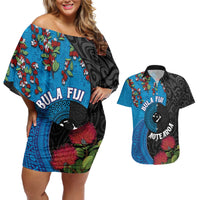Fiji and New Zealand Together Couples Matching Off Shoulder Short Dress and Hawaiian Shirt Tapa Maori Tattoo mix Tagimoucia and Pohutukawa LT03 Black - Polynesian Pride