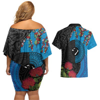 Fiji and New Zealand Together Couples Matching Off Shoulder Short Dress and Hawaiian Shirt Tapa Maori Tattoo mix Tagimoucia and Pohutukawa LT03 - Polynesian Pride