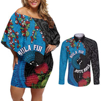Fiji and New Zealand Together Couples Matching Off Shoulder Short Dress and Long Sleeve Button Shirt Tapa Maori Tattoo mix Tagimoucia and Pohutukawa LT03 Black - Polynesian Pride