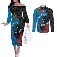 Fiji and New Zealand Together Couples Matching Off The Shoulder Long Sleeve Dress and Long Sleeve Button Shirt Tapa Maori Tattoo mix Tagimoucia and Pohutukawa LT03 Black - Polynesian Pride