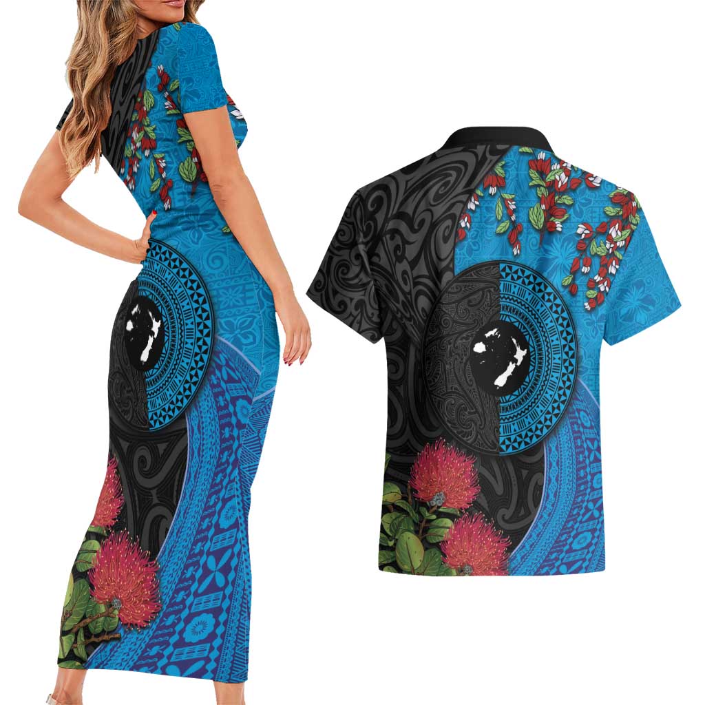 Fiji and New Zealand Together Couples Matching Short Sleeve Bodycon Dress and Hawaiian Shirt Tapa Maori Tattoo mix Tagimoucia and Pohutukawa LT03 - Polynesian Pride
