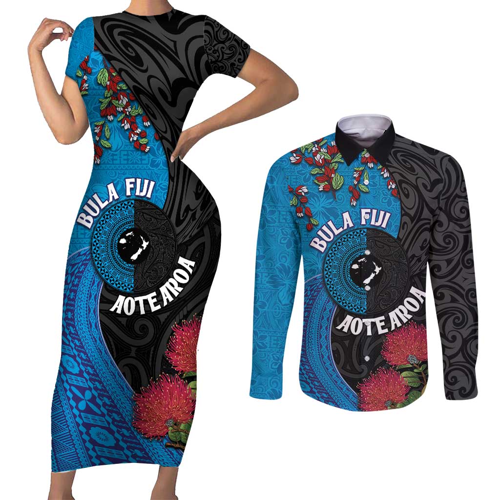 Fiji and New Zealand Together Couples Matching Short Sleeve Bodycon Dress and Long Sleeve Button Shirt Tapa Maori Tattoo mix Tagimoucia and Pohutukawa LT03 Black - Polynesian Pride