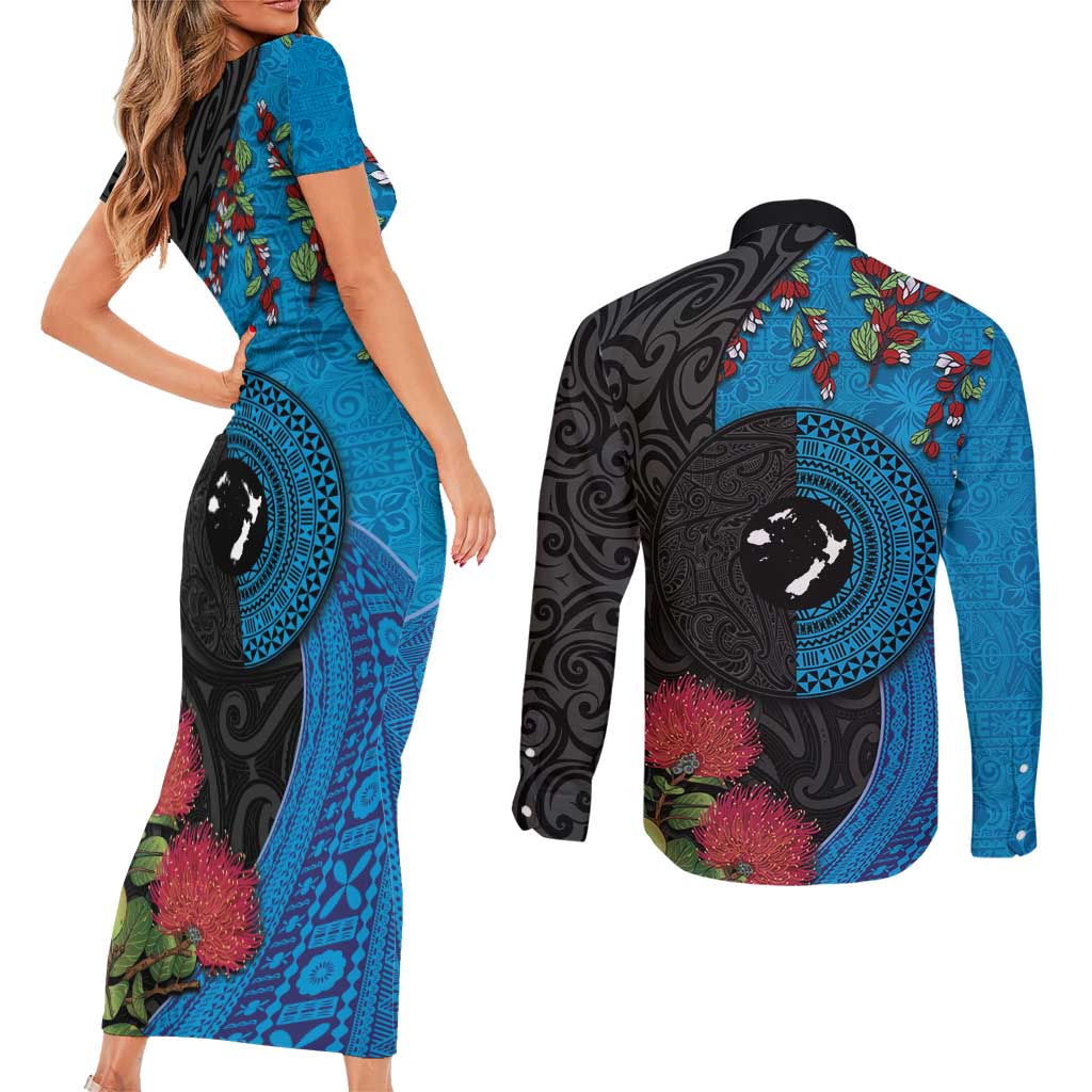 Fiji and New Zealand Together Couples Matching Short Sleeve Bodycon Dress and Long Sleeve Button Shirt Tapa Maori Tattoo mix Tagimoucia and Pohutukawa LT03 - Polynesian Pride