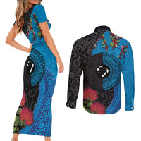 Fiji and New Zealand Together Couples Matching Short Sleeve Bodycon Dress and Long Sleeve Button Shirt Tapa Maori Tattoo mix Tagimoucia and Pohutukawa LT03 - Polynesian Pride