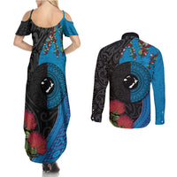 Fiji and New Zealand Together Couples Matching Summer Maxi Dress and Long Sleeve Button Shirt Tapa Maori Tattoo mix Tagimoucia and Pohutukawa LT03 - Polynesian Pride