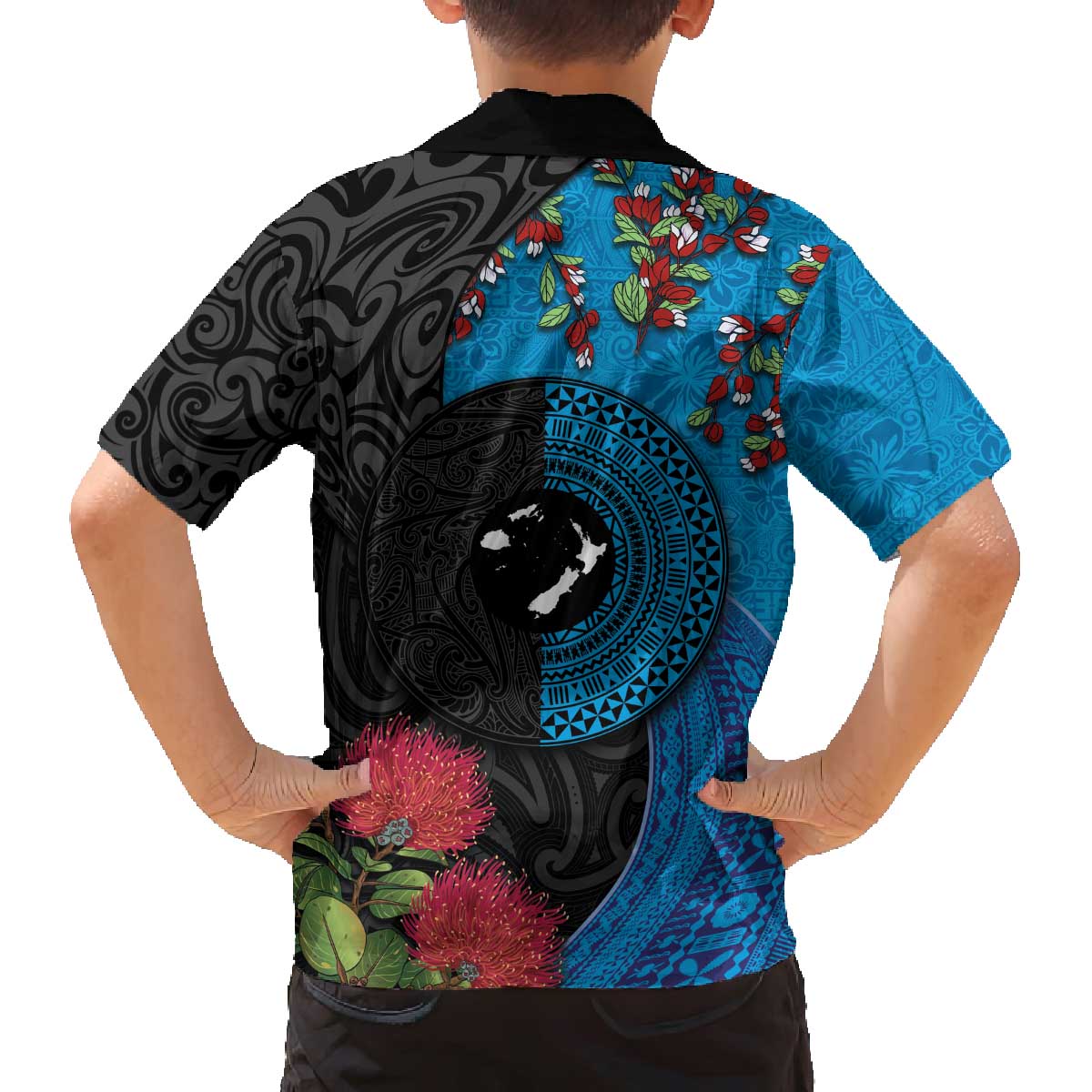 Fiji and New Zealand Together Family Matching Off The Shoulder Long Sleeve Dress and Hawaiian Shirt Tapa Maori Tattoo mix Tagimoucia and Pohutukawa LT03 - Polynesian Pride