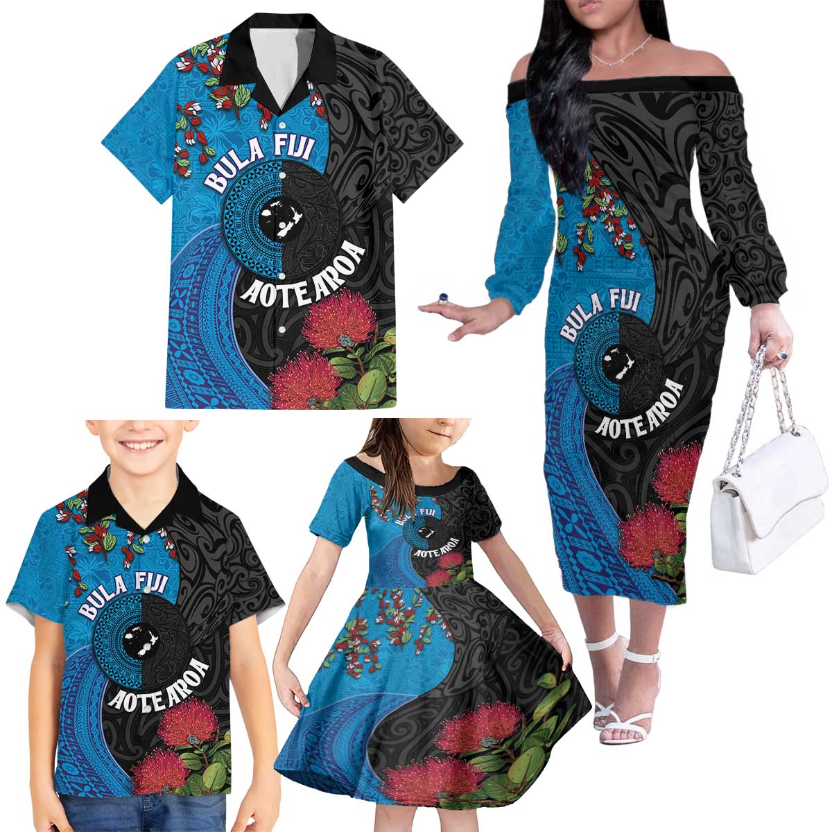 Fiji and New Zealand Together Family Matching Off The Shoulder Long Sleeve Dress and Hawaiian Shirt Tapa Maori Tattoo mix Tagimoucia and Pohutukawa LT03 - Polynesian Pride