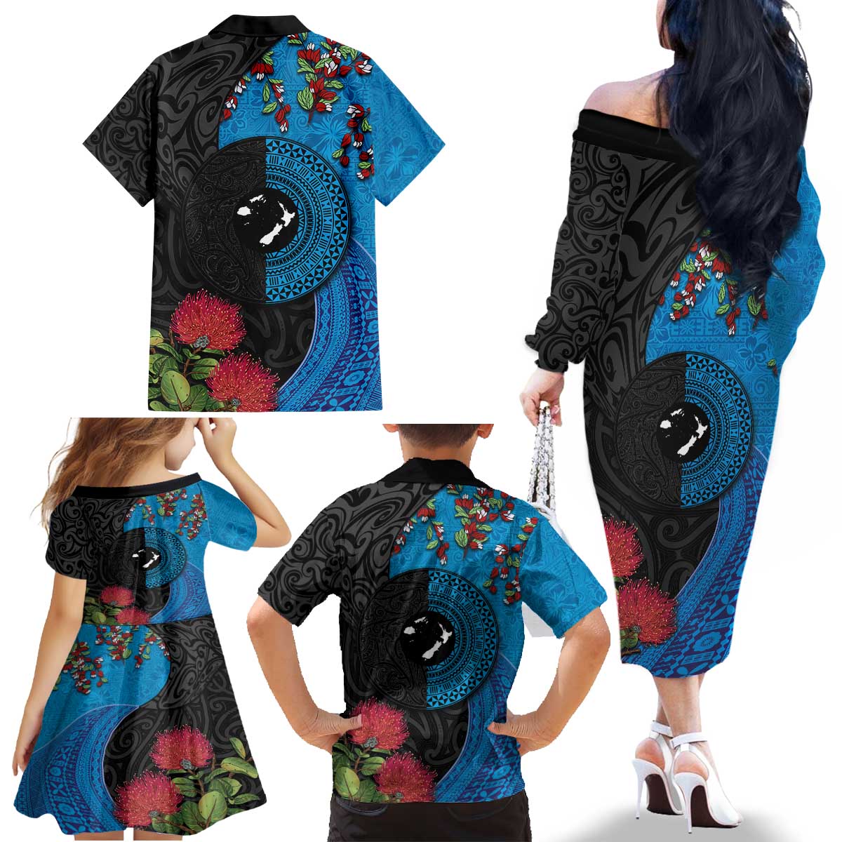 Fiji and New Zealand Together Family Matching Off The Shoulder Long Sleeve Dress and Hawaiian Shirt Tapa Maori Tattoo mix Tagimoucia and Pohutukawa LT03 - Polynesian Pride