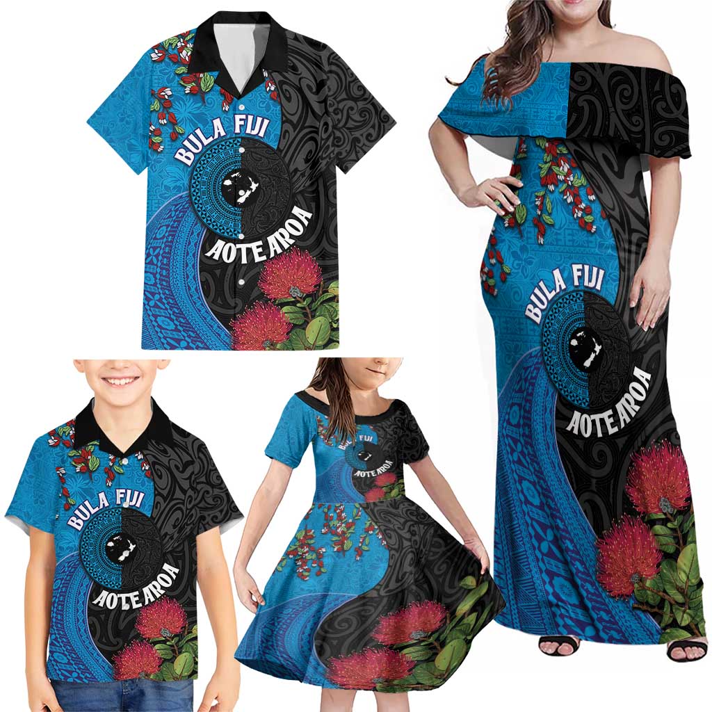 Fiji and New Zealand Together Family Matching Off Shoulder Maxi Dress and Hawaiian Shirt Tapa Maori Tattoo mix Tagimoucia and Pohutukawa LT03 - Polynesian Pride