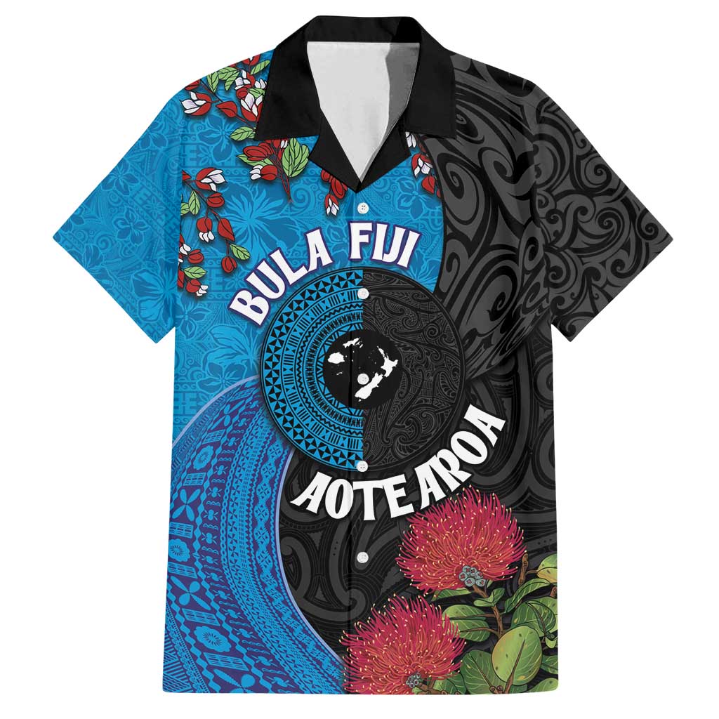Fiji and New Zealand Together Family Matching Off Shoulder Maxi Dress and Hawaiian Shirt Tapa Maori Tattoo mix Tagimoucia and Pohutukawa LT03 Dad's Shirt - Short Sleeve Black - Polynesian Pride