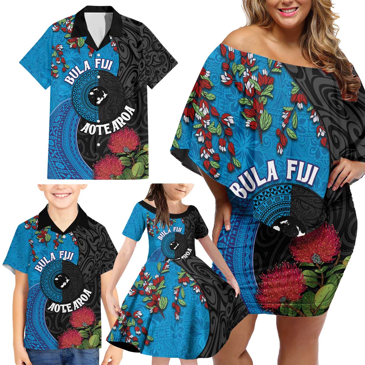 Fiji and New Zealand Together Family Matching Off Shoulder Short Dress and Hawaiian Shirt Tapa Maori Tattoo mix Tagimoucia and Pohutukawa LT03 - Polynesian Pride