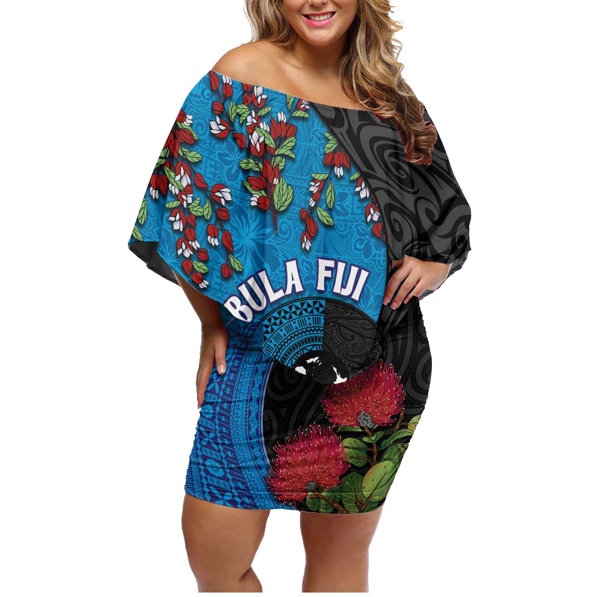 Fiji and New Zealand Together Family Matching Off Shoulder Short Dress and Hawaiian Shirt Tapa Maori Tattoo mix Tagimoucia and Pohutukawa LT03 Mom's Dress Black - Polynesian Pride