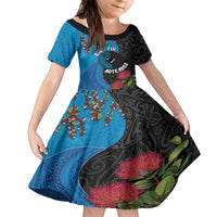 Fiji and New Zealand Together Family Matching Puletasi and Hawaiian Shirt Tapa Maori Tattoo mix Tagimoucia and Pohutukawa LT03 Daughter's Dress Black - Polynesian Pride