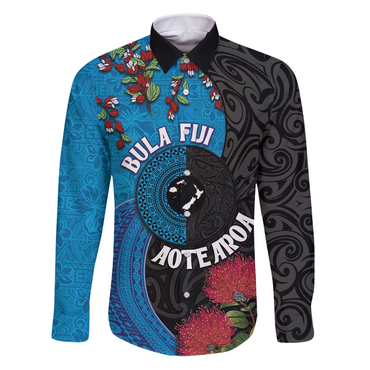 Fiji and New Zealand Together Family Matching Puletasi and Hawaiian Shirt Tapa Maori Tattoo mix Tagimoucia and Pohutukawa LT03 Dad's Shirt - Long Sleeve Black - Polynesian Pride