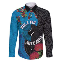 Fiji and New Zealand Together Family Matching Puletasi and Hawaiian Shirt Tapa Maori Tattoo mix Tagimoucia and Pohutukawa LT03 Dad's Shirt - Long Sleeve Black - Polynesian Pride